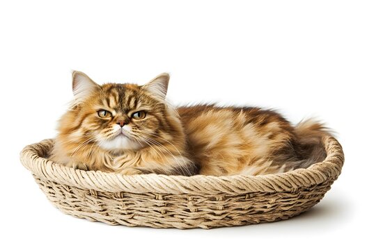 Persian cat sitting in a basket, isolated on white background