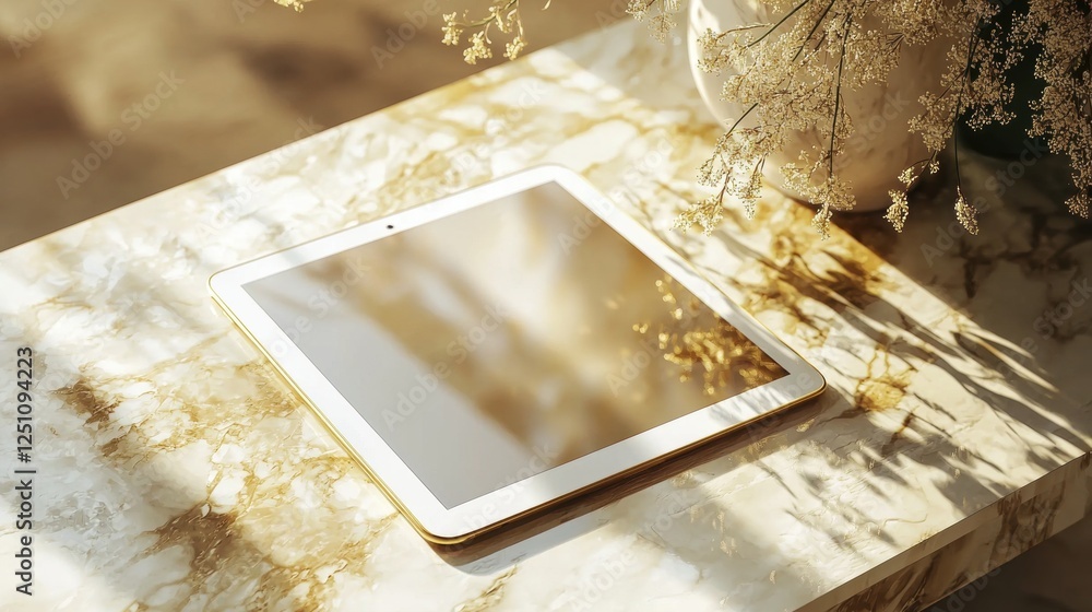 Aufkleber white tablet computer lying on a marble surface. the tablet is in the center of the image and is fac