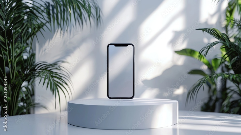 Poster white circular platform with a black smartphone on it. the platform is placed on a white surface and