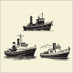 Obraz premium Tug Boat set Silhouette, Nautical, Ship Icon