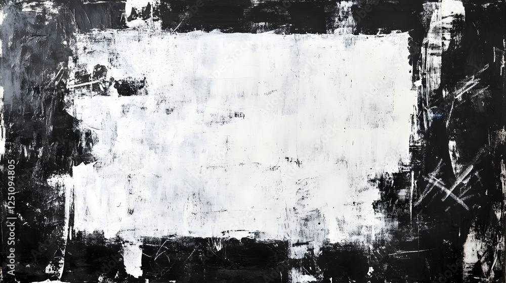 Poster dramatic monochrome abstract painting with textured brush strokes and fluid splashes of contrasting 