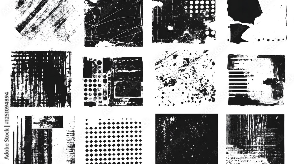 Poster Dramatic Monochrome Abstract Textured Backgrounds with Grungy Distressed Elements  Collection of abstract patterns and textures in black and white color scheme