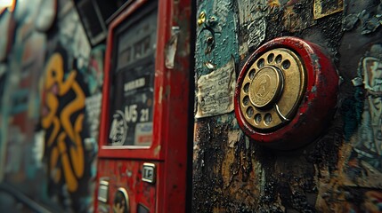 A close-up of a coin being inserted into a vintage payphone, with graffiti-covered walls behind it