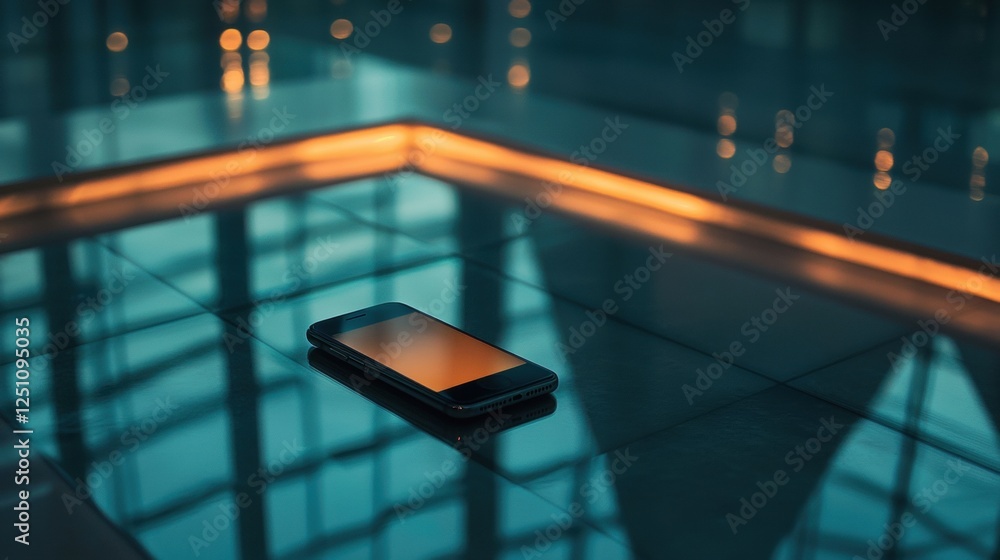 Poster smartphone resting on a tiled floor. the phone is black and appears to be a modern device with a lar