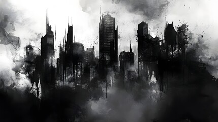 Dramatic Monochrome Cityscape at Twilight with Towering Skyscrapers and Misty Atmosphere
