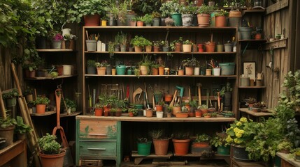 A rustic wooden shed filled with an array of potted plants and gardening tools.