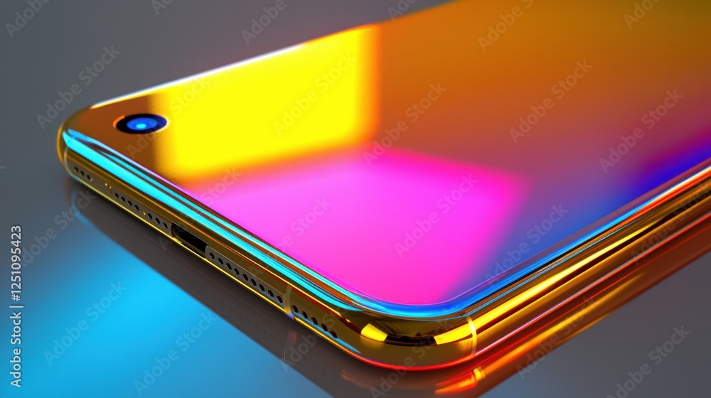 Poster close-up of a smartphone with a colorful gradient background. the phone is placed on a reflective su