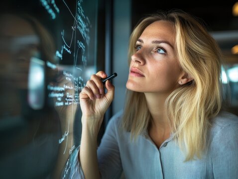 Female entrepreneurs inspiration Concept. A thoughtful woman analyzing data on a glass board, showcasing creativity and innovation in a modern workspace.
