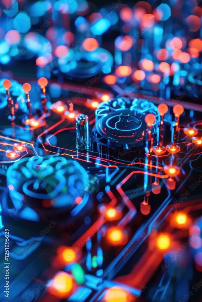 Poster futuristic brain implant testing lab with glowing holographic neural pathways design
