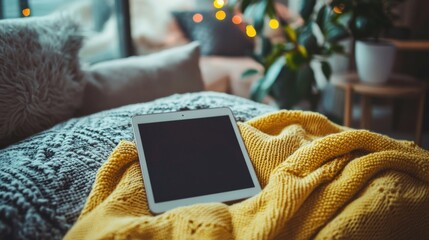 Tablet lying on a gray couch with a yellow knitted blanket draped over it. the tablet is white with a black screen and is resting on the blanket.