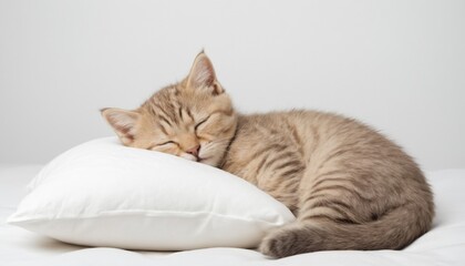  A small tabby kitten sleeps on a clean white pillow against a white background. Ideal for pet care, home decor, and cozy lifestyle themes.