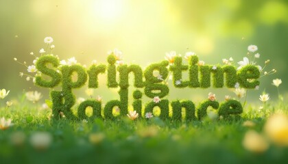 Lush Green Text, Springtime Radiance in a Blooming Meadow Landscape