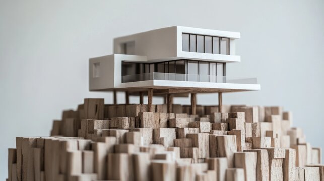 Modern house model on wooden blocks, architectural design, studio shot, real estate concept
