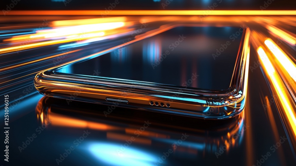 Poster smartphone lying on its side on a reflective surface. the phone is in the center of the image, with 
