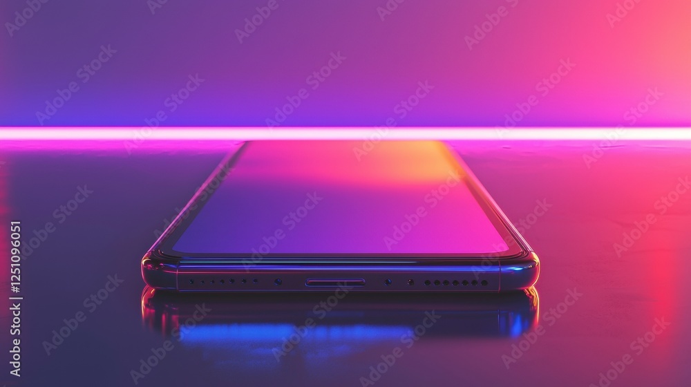 Poster close-up of a smartphone with a gradient background. the phone is placed on a reflective surface, wi