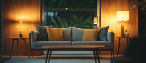 Modern living room with a gray sofa and a wooden coffee table in the center. the sofa is upholstered in a light grey fabric and has several throw pillows in different colors - blue, yellow, and black.