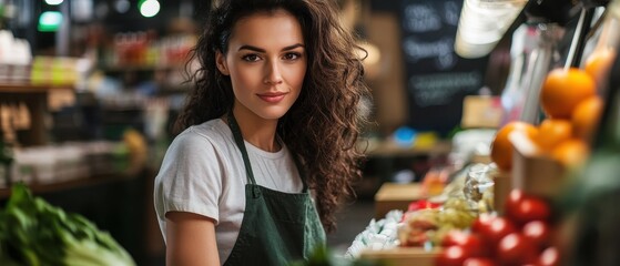 Female entrepreneurs inspiration Concept. A young woman with curly hair stands behind a produce stall, smiling confidently in a vibrant market setting.