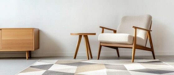 Modern living room with a wooden armchair and a small wooden side table. the armchair is upholstered in a light beige fabric and has a curved backrest and armrests.