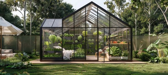 Eco-Friendly Greenhouse with Fresh Vegetables and Smart Irrigation for Sustainable Gardening