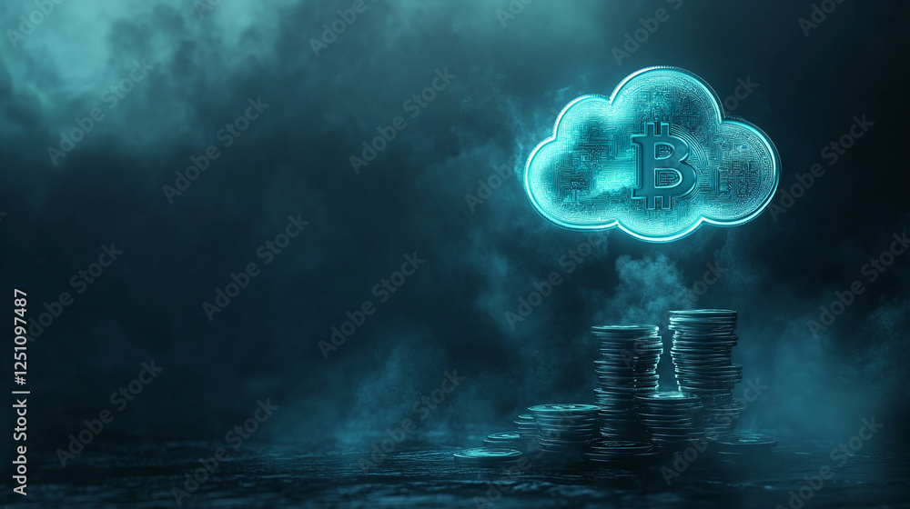 Poster a digital cloud symbol above a stack of coins, representing cryptocurrency, bitcoin, and cloud compu