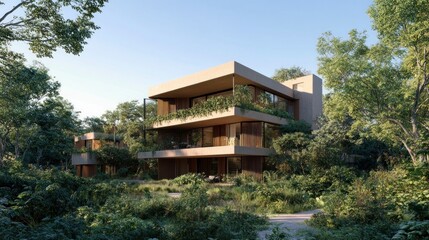 Fototapeta premium Modern jungle villa, lush foliage, sunrise. Architecture visualization