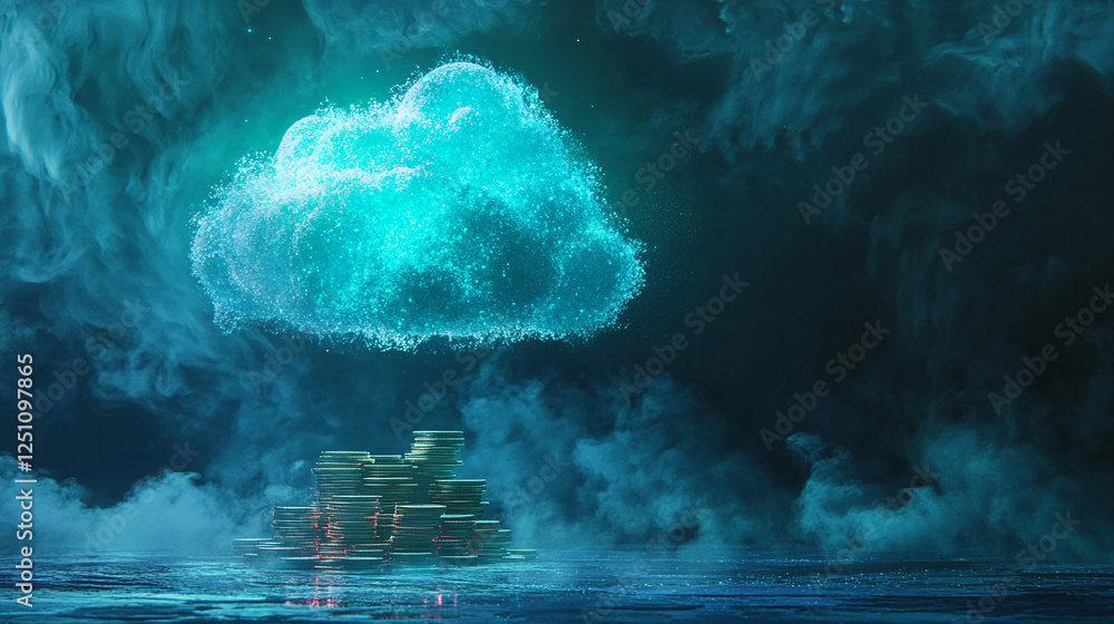 Poster A glowing digital cloud hovering over a stack of coins, symbolizing the fusion of cryptocurrency and cloud computing, showcasing the future of digital currency and virtual finance.