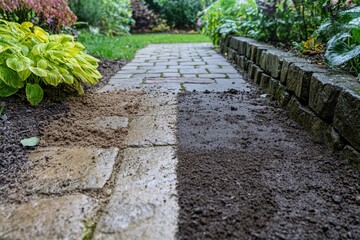 Before and after transformation of a stone pathway in a garden. Generative AI