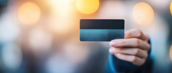 A person holds a black credit card in focus against a blurred background of warm lights.