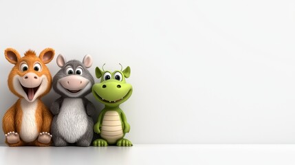 Adorable Cartoon Animals: Hippo, Dragon, and Camel Friends in a Whimsical Scene