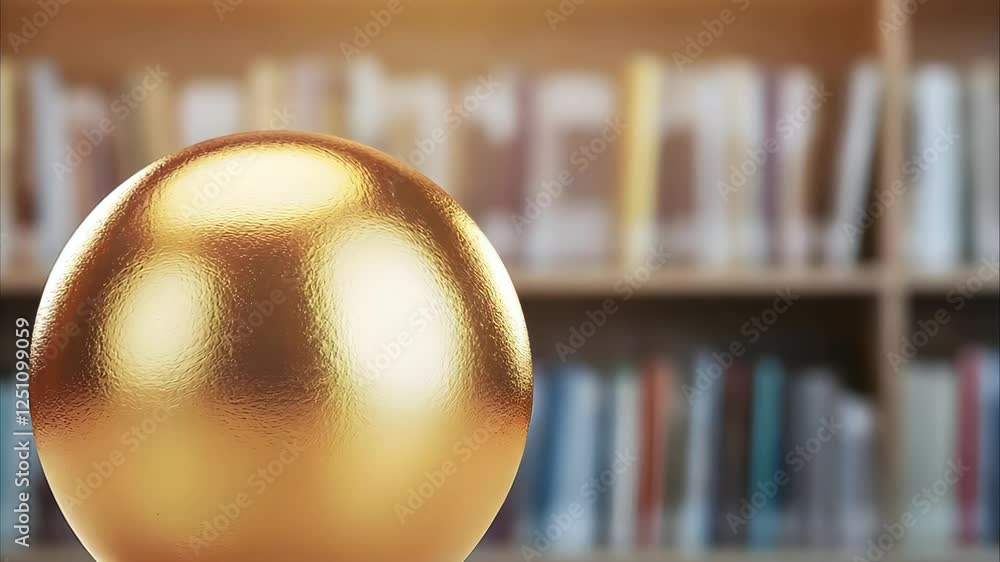 Poster a shiny gold sphere on a surface with a blurred bookshelf in the background.