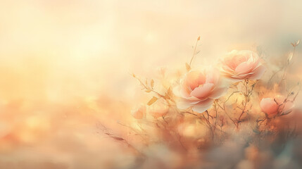 Soft, dreamy floral background featuring delicate pink roses and a warm yellow, hazy atmosphere