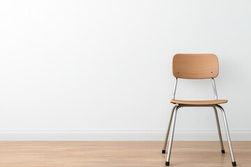 A simple wooden chair with metal legs against a plain white wall and wooden floor, creating a minimalist aesthetic.