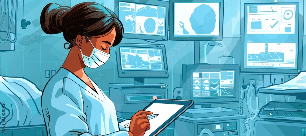 Poster nurse documenting surgical notes with tablet in high-tech operating room setting