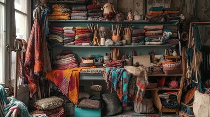 A room filled with colorful yarn and knitting supplies.