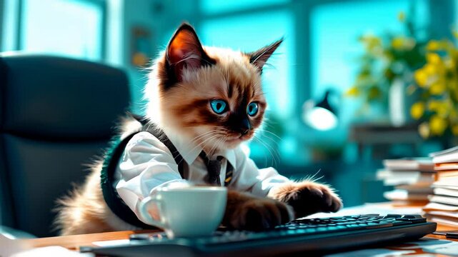 Professional cat typing in office environment with coffee and flying papers