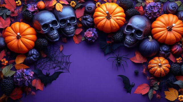 Halloween spookiness Pumpkins, leaves, skulls, spider webs, and bats on purple create a spooky Halloween scene.