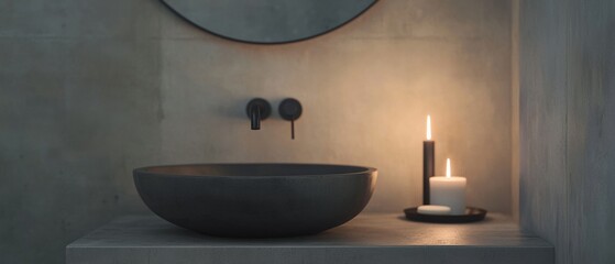 Modern bathroom sink with a round mirror above it. the sink is black and has a textured surface. it is placed on a concrete countertop with a small candle holder next to it.