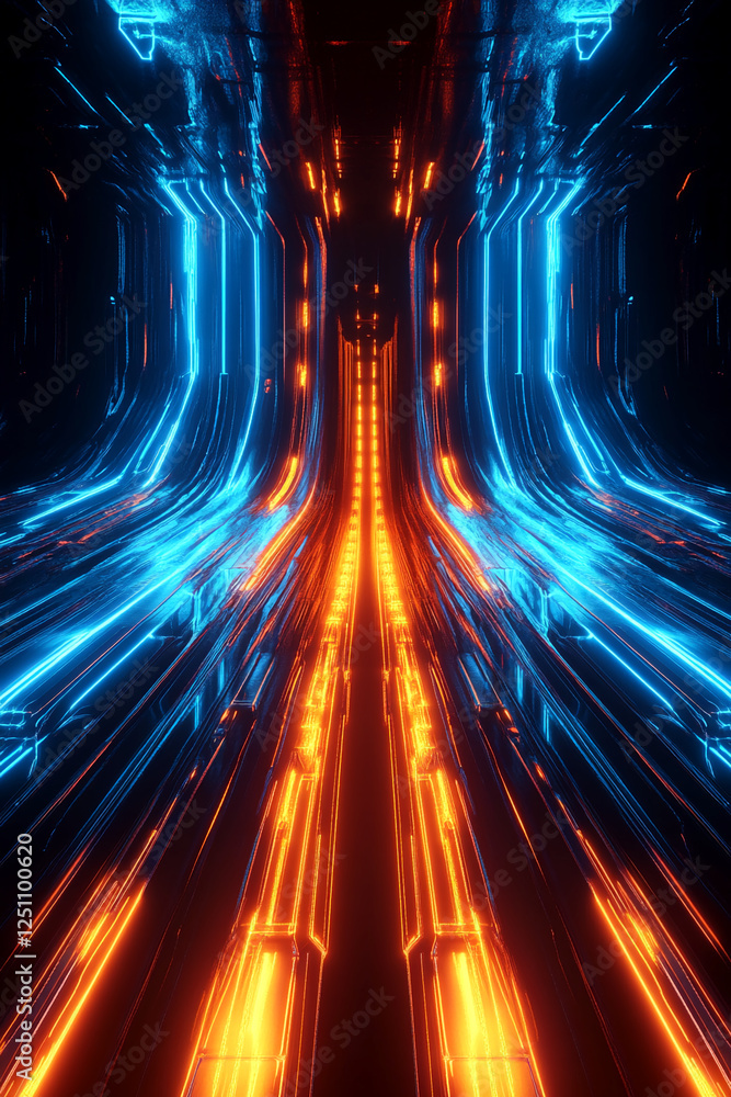 Poster futuristic glowing tunnel with blue and orange neon lights. this abstract image symbolizes energy, t
