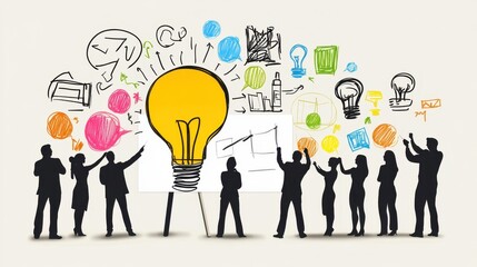 A brainstorming session in progress, with diverse team members placing ideas on a vision board, collaborating to finalize a crucial project plan." high resolution -