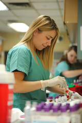 Fototapeta premium Healthcare Professional Analyzing Blood Samples in a Sterile Laboratory Environment