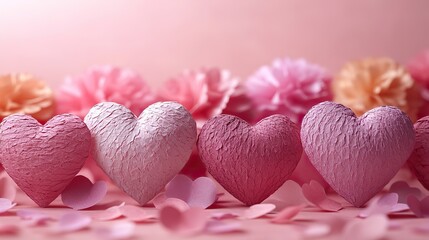 Fototapeta premium Heart-shaped paper decorations are scattered on a soft pink background, creating a romantic and festive atmosphere perfect for Valentine's Day celebrations.