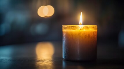 A single candle burning in complete darkness, its warm glow symbolizing hope and resilience against adversity." 