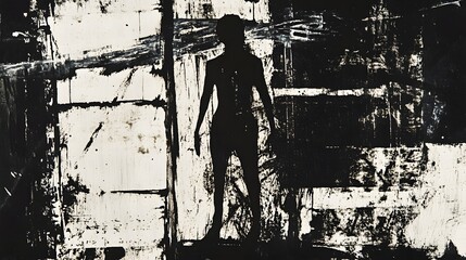 Dramatic moody silhouette of a solitary figure standing in an atmospheric grungy and textured urban environment creating a surreal mysterious and enigmatic scene
