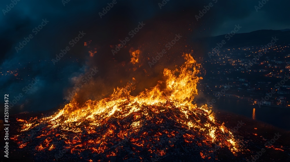 Poster dramatic scene of a fiery volcanic eruption with lava and ash spewing forth engulfing the surroundin