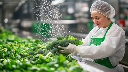 A female worker is rinsing leafy greens in a busy kitchen, emphasizing the importance of food washing and preparation in the culinary industry