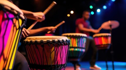 Colorful drums, rhythmic performance, stage, spotlights