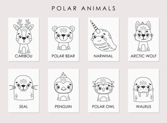 Polar animals set isolated, cards, cute arctic animals, kids vector cartoon