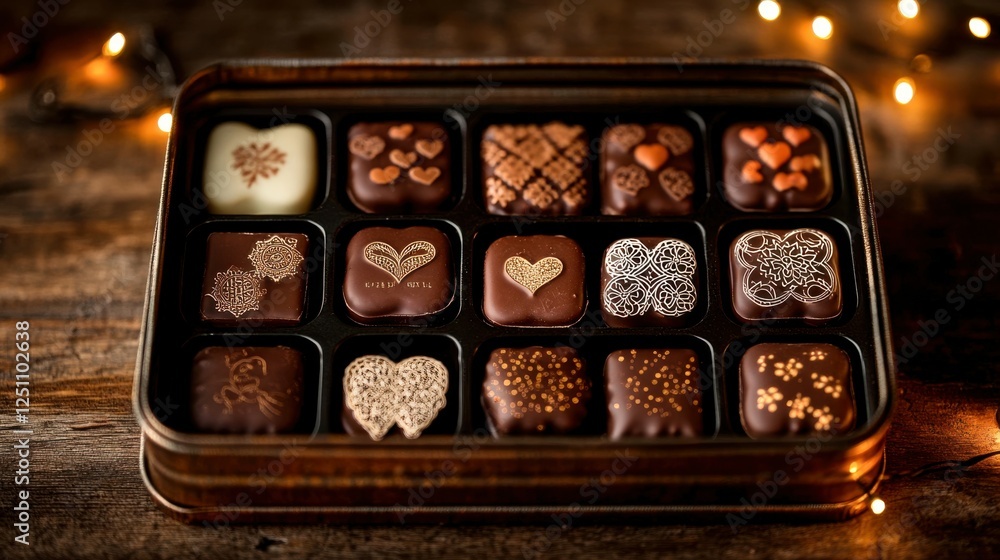 Poster assorted unwrapped chocolates with intricate designs, including lace patterns and tiny hearts, arran