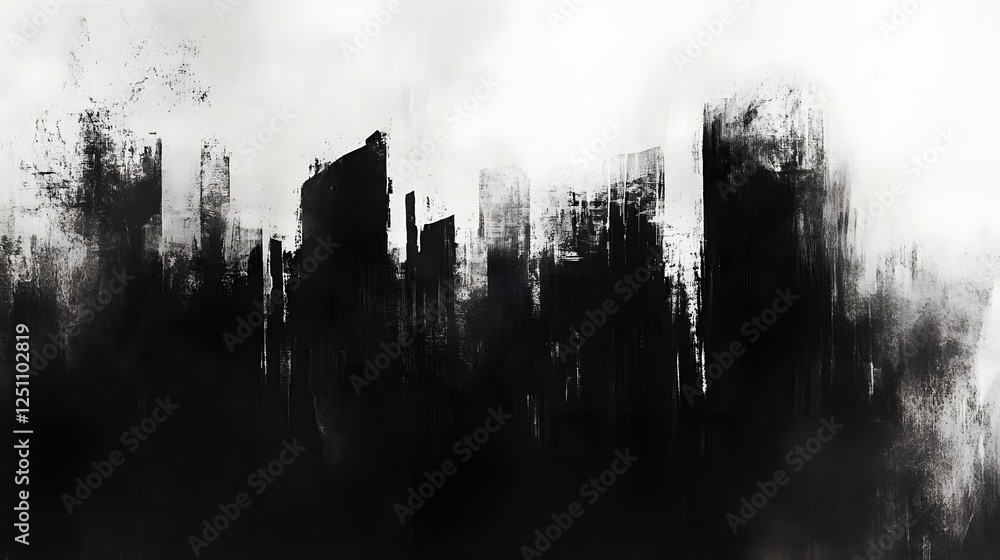 Poster Dramatic towering silhouettes of a dystopian futuristic cityscape set against a moody monochrome backdrop with a sense of foreboding and mystery  The minimalist architectural forms create a bold