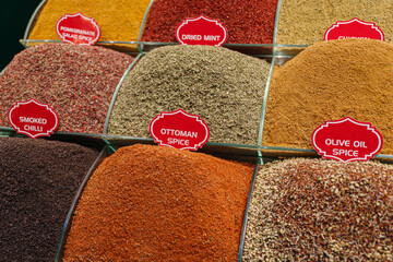 Spices on sale at the Spice Bazaar, a covered market in Istanbul